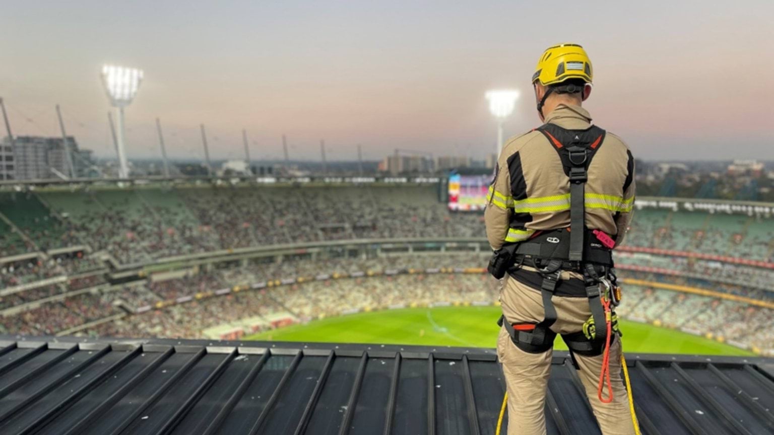 Firefighter looking over the Melbourne Cricket Ground (MCG)
