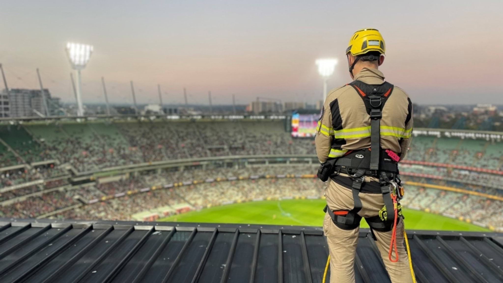 Firefighter looking over the Melbourne Cricket Ground (MCG)